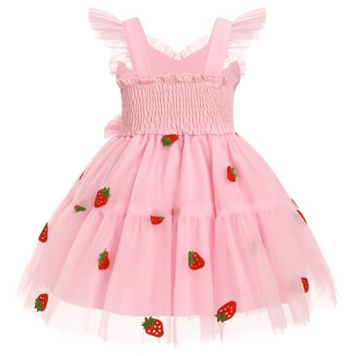 IMEKIS Toddler Girls Strawberry Floral Tulle Birthday Dress Elastic Back Summer Casual Party Dresses2