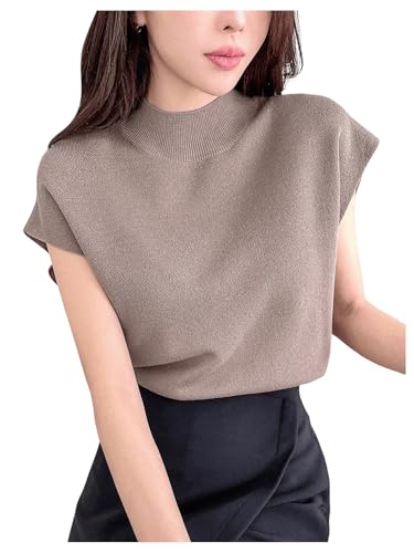 Image of GORGLITTER Women's Cap Sleeve Mock Neck Knit Tops Basic Short Sleeve Sweater Knitwear Dusty Purple Medium