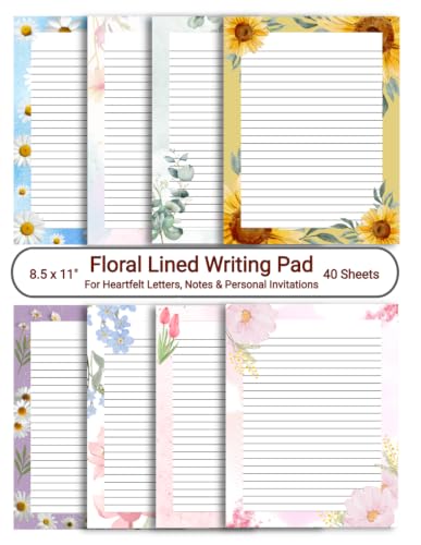 8.5 x 11" Floral Lined Writing Pad – Watercolor Floral Writing Paper, Personalised Decorative Invitations, Letter Size Ruled Stationery: Single sided, 8 Designs, 40 Sheets image 2
