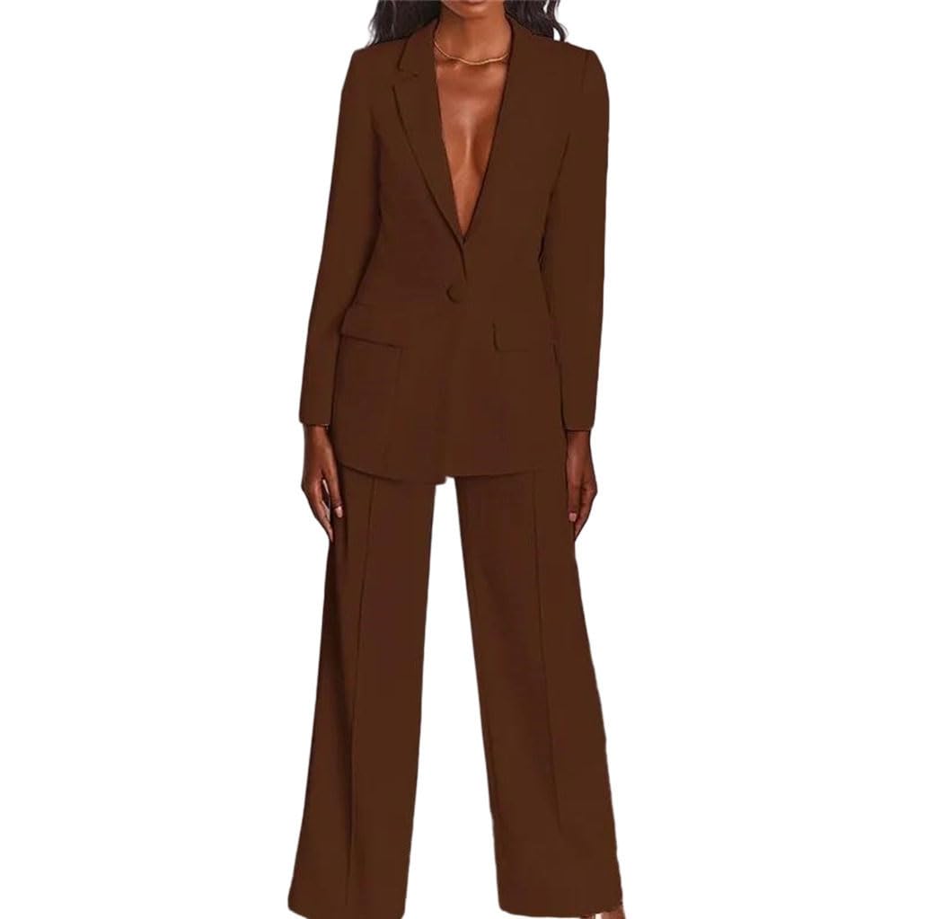 Womens Lapel Long Sleeve Blazer and Wide Leg Pants Two Piece Spring Work Office Suit