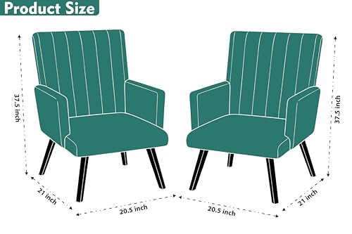 Image of Rosebell Modern Velvet Office Chairs Set of 2 with Armrests & Metal Legs | Upholstered High Back Leisure Chairs for Living Room, Bedroom, Office, Cafe & Dining Room | Green
