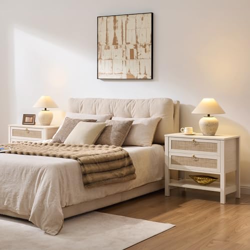 Image of SICOTAS Boho Rattan Nightstand Set of 2, 26.7 inch Extra Wide Bedside Table with 2 Drawers & Open Shelf, White Oak Large Side Table for King Size Bed, Modern Coastal End Table for Master Bedroom