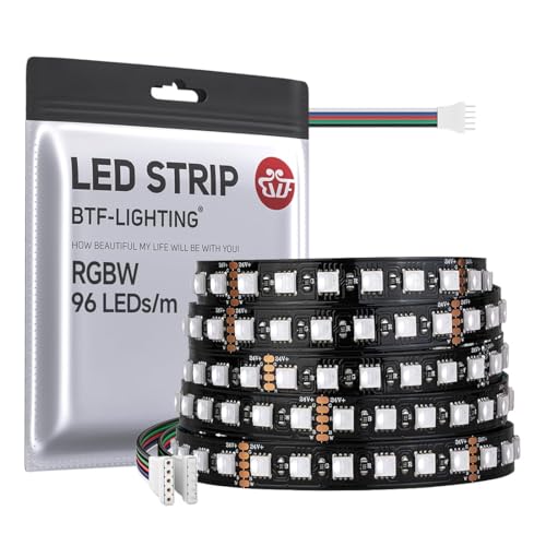 BTF-LIGHTING 5050smd Rgbw 4in1 Led Strip RGB+Cool White 6000-6500k 24V 5m 96leds/m Black PCB IP30 Not Waterproof Led Tape for Indoor Lighting not Content Controller Power Supply