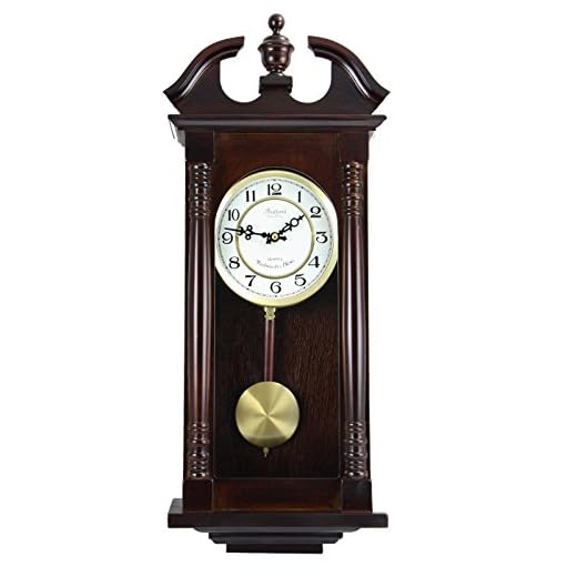 Bedford Clock Collection Classic Chiming Wall Clock with Swinging Pendulum in Cherry Oak Finish, 4.75" L x 11.75" W x 27.50" H