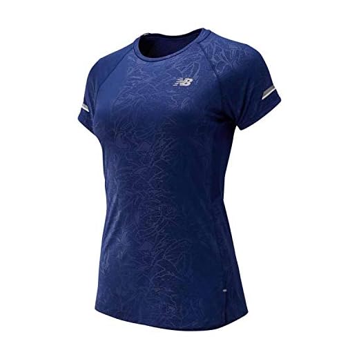 New Balance Printed NB Ice 2.0 SS Running tee Camiseta, Mujer, Techtonic Azul, Large