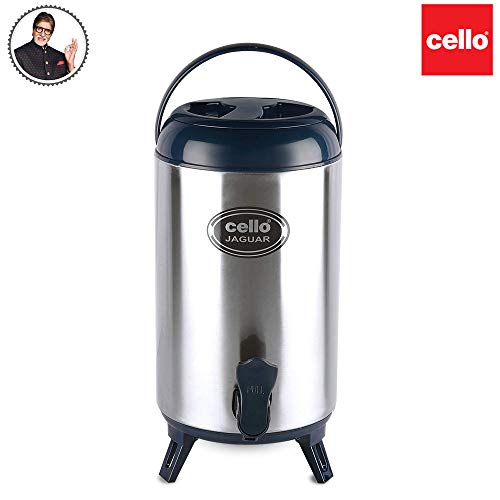 Image of CELLO Jaguar Vacuum Insulated Thermos Water Jug for Kitchen 8 Litre Grey | Easy to Fill & Clean Wide Mouth, Press and Pour Tap Double Wall Hot and Cold Stainless Steel Water Jug for Picnic and Office