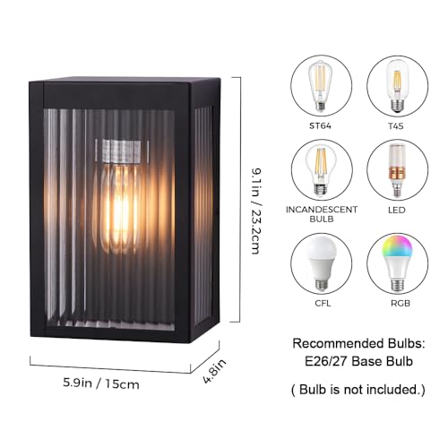 Cerdeco 9" Black Outdoor Wall Light with Striped Tempered Glass,Modern Outdoor Wall Sconce with E26 Socket,2 Pack(ETL Listed) by Cerdeco - Image 5