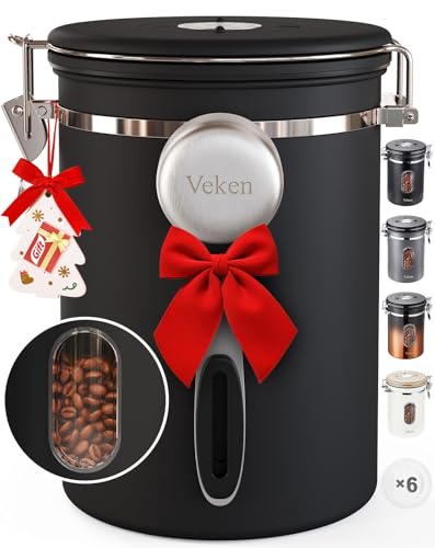 Veken Coffee Canister with Window,Airtight Stainless Steel Pantry Container,Home Kitchen Food Storage Organizers for Ground,Beans,Espresso,Rice,Tea,Sugar,Cereal, Flour,Bar Accessories,Gifts,22OZ,Black