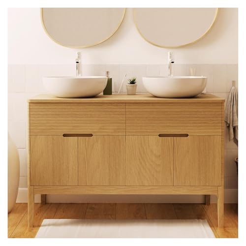 MOB-IN Ensemble Meuble Double-Vasque 120 cm chêne Naturel + 2 vasques Alaska