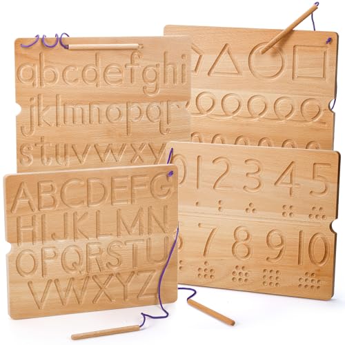 Suwimut Number & Letter Tracing Board, Portable Wooden Alphabet Learning Sensory Pad Board Montessori Toys for Kids Age 3-5, Double Sided Writing Tools for Beginner Preschool Classroom 3+ Years Old