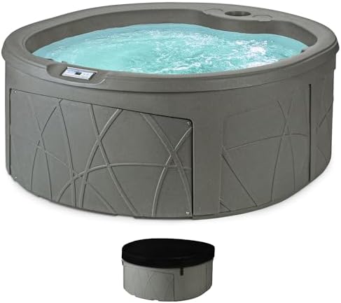 LifeSmart 4-Person Outdoor Hot Tub with Cover, LED Lights & Accessories – Circular Above-Ground Spa in Taupe