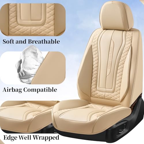 Image of Coverado Car Seat Covers Full Set, Leather Seat Covers Waterproof Car Seat Protectors, Front and Back Seat Covers Automotive Seat Cuhsion Universal Fit for Most Vehicles Beige