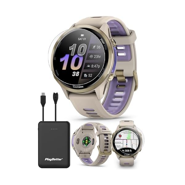 PlayBetter Garmin Forerunner 970 (Soft Gold French Gray/Translucent Indigo) Premium GPS Running & Triathlon Smartwatch Bundle – AMOLED, LED Flashlight Portable Charger & HD Screen Protectors