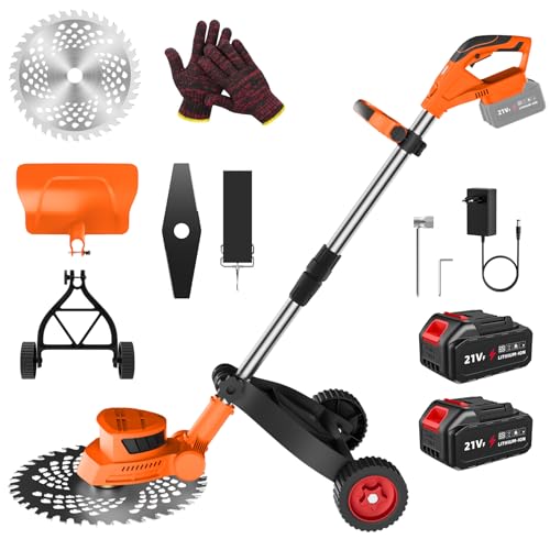 Desbrozadora Bateria 21V, Desbrozadora Electrica con 2 x 3.0Ah Baterías y 2 Cuchillas, Motor sin Escobillas, Ruedas Desmontables, Varilla Telescópica, Pantalla LED, para Recortar Césped y Arbustos