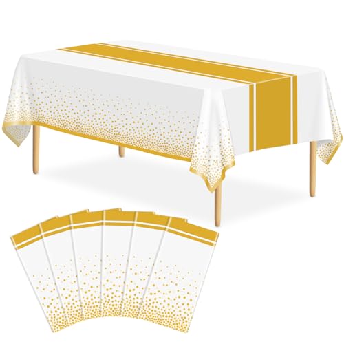 Image of 6 Pack White and Gold Tablecloth Party Decorations Plastic White Tablecloth Printed Gold Table Runner 54 x108 Inch Disposable Rectangle Table Cover for Birthday Wedding Graduation