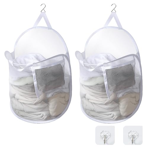 TECHMILLY ランドリーバスケット 壁掛け 洗濯かご 大容量 自立 ランドリーバッグ メッシュ 省スペース 収納 洗濯物 袋 かご 持ち運び可能 軽量 旅行 ゴミ箱 幅さ40CM長さ20CM高さ53CM (ホワイト、2PCS)