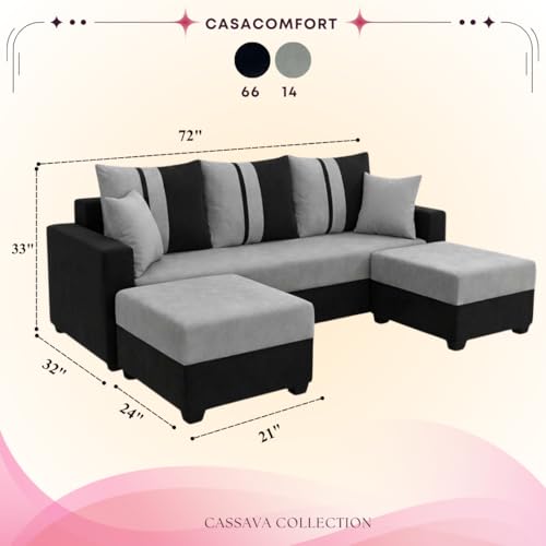 Image of Zenix 5 Seater L Shape Sofa Set with 2 Movable Ottomans | Flexible Layout | Rich Velvet Suede Fabric | Silver Legs | Spacious Seating | Modern Sofa for Living Room (Black-Light Grey)