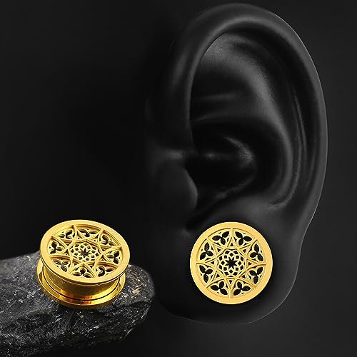 Twolobes 2PCS Gold 16mm/5/8 Gauges for Ear Hypoallergenic 316 Stainless Steel Floral Plugs Tunnels for Ear Body Piercing Jewelry for Women Men by Twolobes - Used condition - Image 6