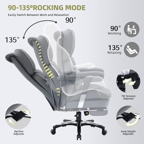 Efomao Ergonomiczny fotel biurowy z podnóżkiem, regulowany fotel gamingowy z poduszką lędźwiową i zagłówkiem, obrotowy fotel komputerowy z funkcją odchylania
