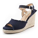 JOY IN LOVE Platform Wedge Sandals for Women 4IN Espadrille Wedge Heels Ankle Strap Sandals Blue US9