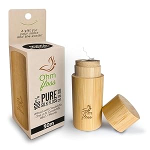 Ohm Earth’s Ohm Floss – Natural Silk Dental Floss with Refillable Bamboo Holder, Naturally Waxed with Candelilla 100% Silk, 55 yds/50m Spool – Eco-Earth Oral Care, Natural Mint