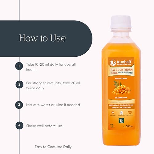 Image of KunhaR Sea Buckthorn Juice (Pack of 2) | Health Supplement for Adults | No Added Sugar | Rich in Vitamin C, Omega 3, 6, 7 & 9 | Improves Skin & Immunity