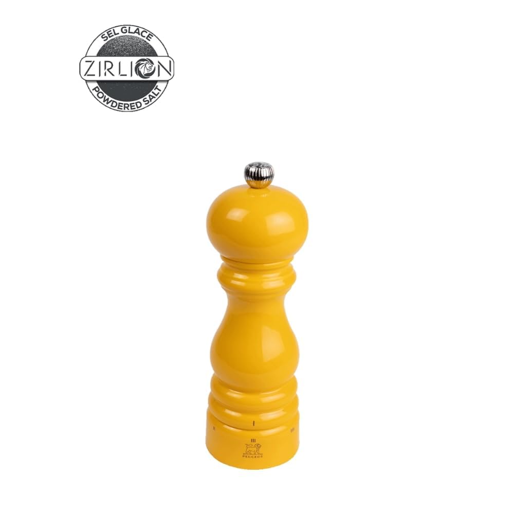 PEUGEOT - Moulin à Sel Paris u'Select 18 cm - Collection ParisRama - 6 Réglages - Innovation Sel Glace, Mécanisme Zirlion - En Bois Labellisé PEFC - Fabrication Française - Coloris Laqué Jaune Safran