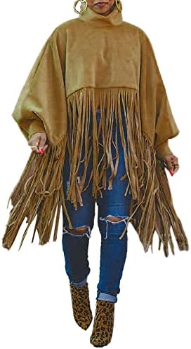 clubsqueen Womens High Neck Fringe Sweatshirt Plus Size Solid Color Turtleneck Top Cowgirl Long Sleeve Pullover Jacket Khaki L