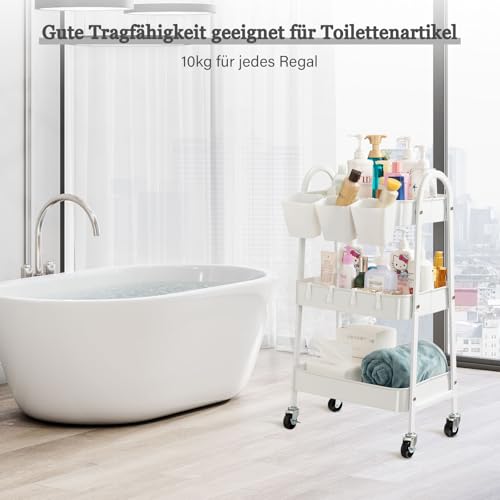 danpinera Rollwagen mit 3 Ebenen, Rollwagen Metall, feststellbaren Rädern & hängenden Bechern & Haken, Mobiler Bastelwagen für Küche, Bad, Büro, Werkstatt, Weiß