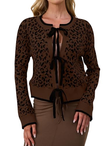 Image of Ythomm Women Leopard Print Bow Tie Cardigan Sweaters Long Sleeve Crewneck Open Front Knit Cardigan Coats Casual Loose Outwear