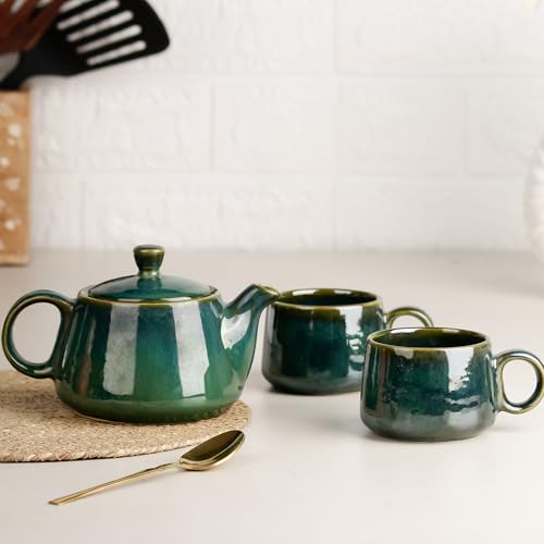 Image of The Earth Store Premium Green Glaze Ceramic Morning Tea Set - 2 Tea Cups & 1 Kettle Microwave and Dishwasher Safe | Tea Cup with Kettle | Small Morning Set | Ideal for Gifting and Daily Use