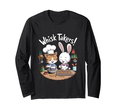 おもしろしゃれ泡立て器 猫とウサギが一緒に焼く かわいい 長袖Tシャツ