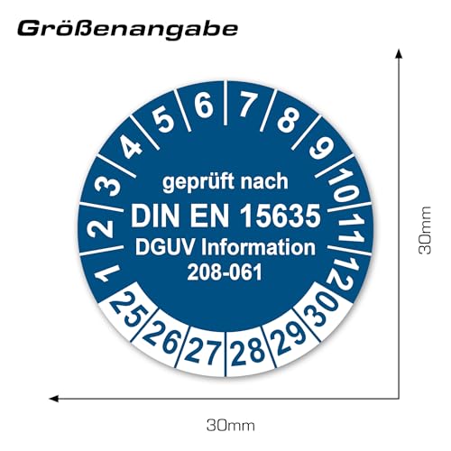 LabelTec Prüfplaketten geprüft nach DIN EN 15635 Prüfaufkleber 2025-2030 für Regale Aufkleber Prüfetiketten Regalprüfung Vinyl PVC Plaketten wasserfest Folie selbstklebend LTA006 (100, Blau)