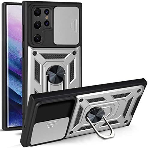 Galaxy S22 Case Movable Camera Protection Cover, Clysburtuony Mecha Soft TPU + PC with Phone Bracket for Samsung Galaxy S22 6.1 inch (Galaxy S22 Ultra 6.8 inch, Black)