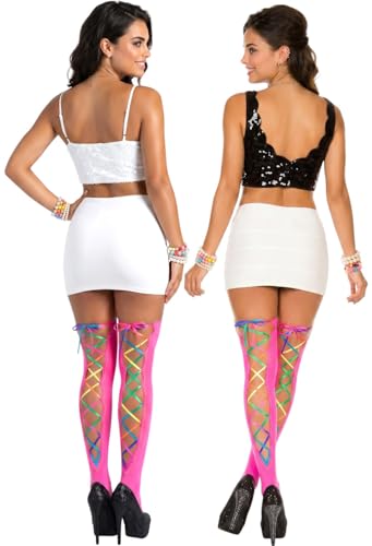 Image of ToBeInStyle Women's Lace Up Back Seam Tights Sheer or Opaque Hosiery Stockings Crisscross Lace Ribbon Zigzag Design