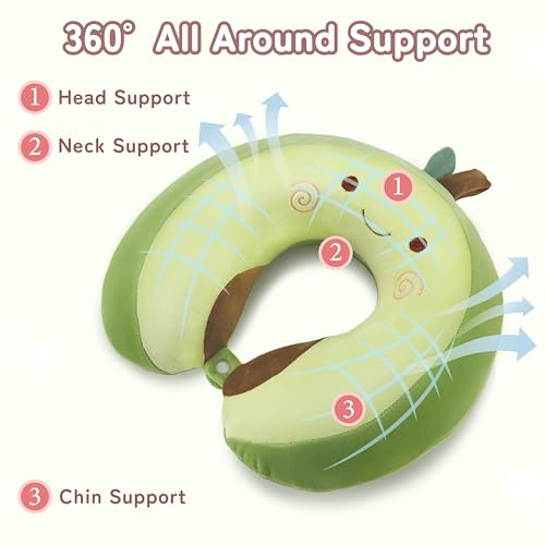 Image of Kids Travel Neck Pillow for Ages 3-8, Memory Foam, Removable Cover, Avocado | Machine washable, 13 in neck size, hidden zipper, 360-degree head and chin support, car seat and airplane use