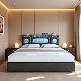 KeepGoon Cama de Matrimonio de 160 x 200 cm, Tira de luz LED e interfaces USB y Type-C con somier de láminas y función de Almacenamiento