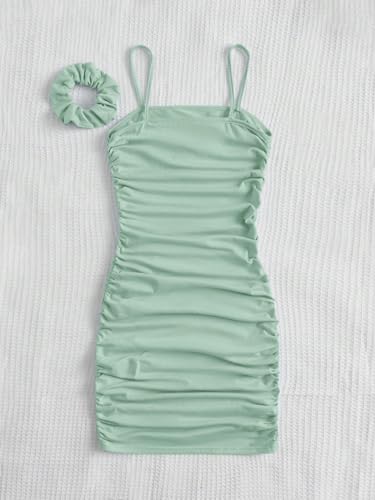 SOLY HUX Girl's Summer Spaghetti Strap Ruched Sleeveless Short Bodycon Dress with Hair Scrunchies2