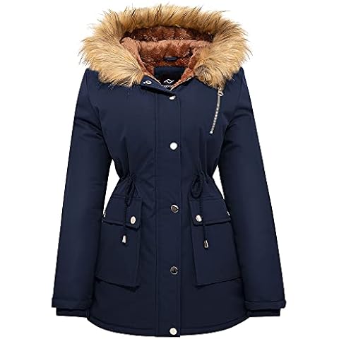 FARVALUE Womens Water-reprllent Winter Coat Thicken Puffer Jacket Warm FLeece Lined Parka with Fur Hood, Navy, XL Cover