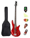 Kit de bajo eléctrico de 4 cuerdas, tamaño completo, para principiantes, color negro, con bolsa de concierto, correa de guitarra y cable de guitarra (rojo)