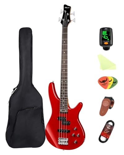 Viersaitiger E‑Bass in Vollgröße, PJ‑Bestückung, komplettes Einsteiger‑Set für Anfänger, Hobby‑Musiker und Studenten – inklusive Gigbag, Gurt, Plektren, Stimmgerät und Gitarrenkabel. Modell IB (Rot)