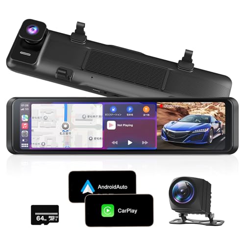 FOXPARK 【Carplay/Android Auto搭載 スマホ連携】ドライブレコーダー ミラー型 進級版カーナビ カメラ再進化 4K 12インチ 大画面 前後カメラ 広角 HDR/WDR スーパー暗視機能 デジタルインナーミラー ドラレコ一体型 24時間駐車監視 Type-C電源ポート 地デジ対策済 日本語説明書 64GBメモリカード付き