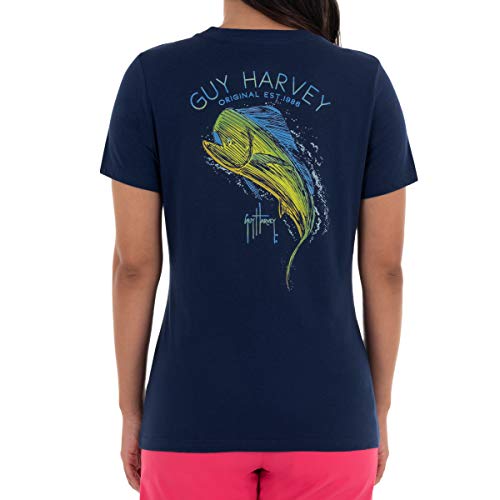 Guy Harvey Women's Mahi Scribble Short Sleeve V-Neck T-Shirt, Estate Blue/Mahi Scribble, Medium