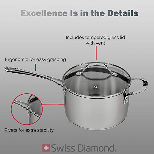 Stainless Steel Saucepan with Lid – Sauce/Cooking Pot for Induction, Gas, and Other Stoves – Oven-, Dishwasher-Safe, Mirror Finish Cookware by Swiss Diamond (2.6 Qt.) Second Image