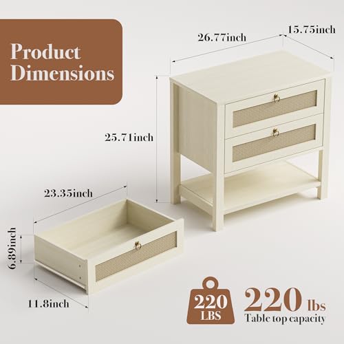 GRUSIGN Nightstand with Drawers and Storage Shelf - Large Nightstands Rattan Decor Boho Bedside Table Narrow Side Table for Bedroom, White - Image 2