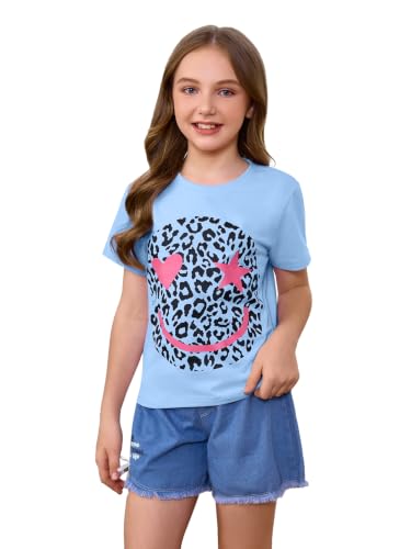 Image of WDIRARA Girl's Leopard Graphic T Shirt Crew Neck Short Sleeve Tee Shirts Cute Tops