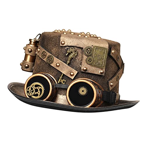 La mejor selección de Bombines para Mujer los mejores 10. 45 Steampunk, Hecho a Mano Sombrero de Bombín Vintage con Gafas de Engranaje Accesorio de Vestuario para Cosplay, 58cm-59cm