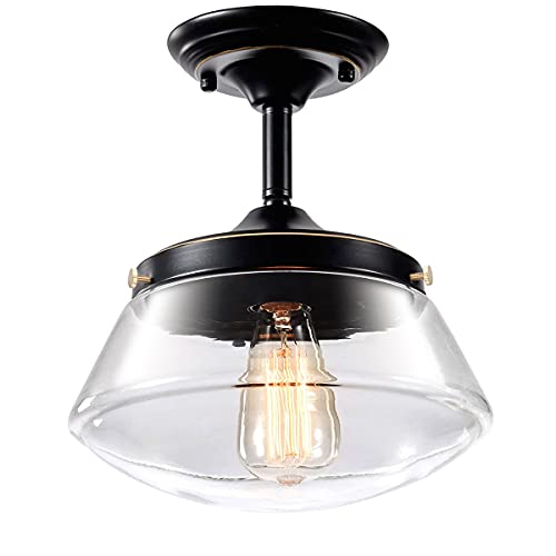 Plafonnier industriel moderne noir semi-encastré abat-jour en verre clair luminaire de ferme pour salon, salle de bain, salle d'étude, loft, couloir (ampoule non incluse) Cover