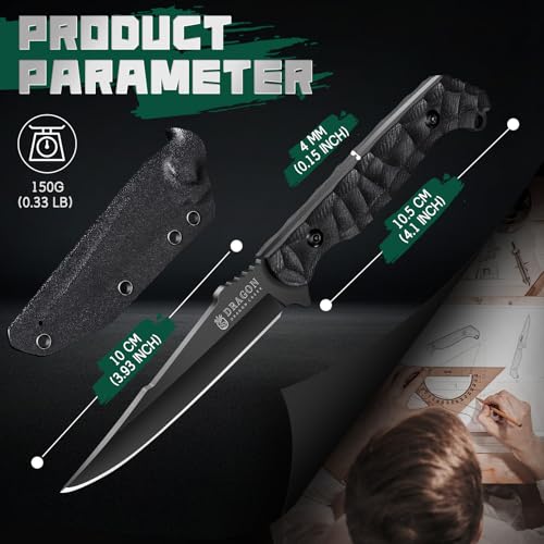 Dragon Creek Fixed Blade Knife - Outdoor Tactical Survival Knife With Sheath G10 Full Tang Handle for Camping Hiking Christmas Thanksgiving Gift Men Black