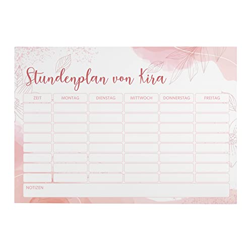 Herz & Heim® Magnetischer Stundenplan mit Blättermotiv für Schule, Studium und Co., personalisiert rosa Watercolor